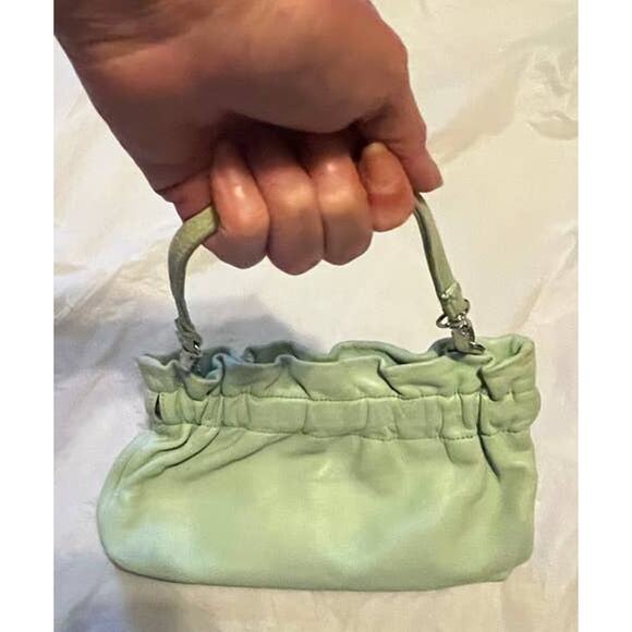 LULU GUINNESS Leather Clutch Bag Flex Frame Closure Light Green Color - Picture 8 of 13